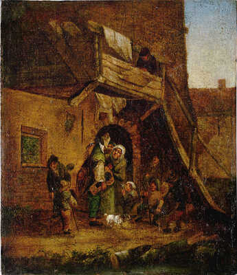 Неизвестный художник (последователь Адриана Ван Остаде). Уличный музыкант у дверей дома